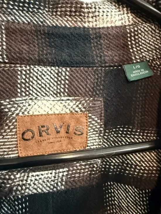 Orvis Heavyweight Plaid Shirt Jacket Brown Black Flannel Mens Large - Picture 3 of 5